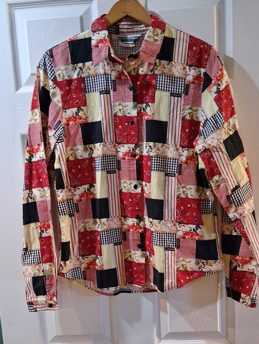 Rockies Patchwork Button-Down Shirt - Red, Black, Cream Vintage